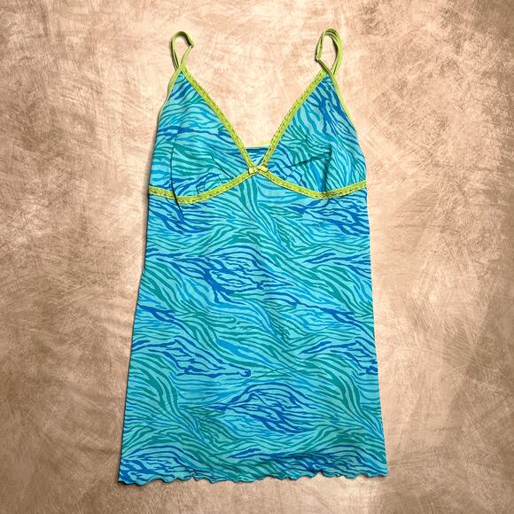 Vintage 90s Blue Animal Print Sheer Mesh Mini Slip Dress Lace Trim Lingerie Y2K - Picture 3 of 8